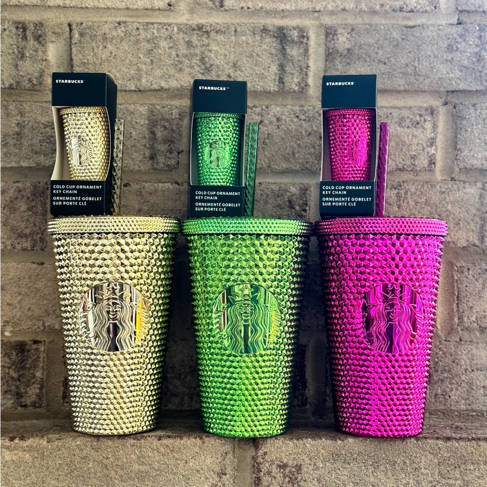 NWT SET Starbucks Studded Grande Metallic Tumblers & Matching Keychains